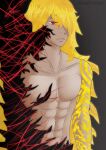  1boy abs bangs blonde_hair closed_mouth fate/grand_order fate_(series) goetia_(fate) goetia_(fate/grand_order) hair_over_one_eye lastlordian long_hair male_focus one_eye_covered red_eyes solo tattoo upper_body 