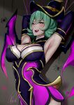  absurdres armpits bangs bewitching_elise black_dress black_headwear black_sleeves blush breasts brown_background bug detached_sleeves dress elise_(league_of_legends) eyebrows_visible_through_hair green_hair halloween highres large_breasts league_of_legends pink_dress pink_wings shiny shiny_hair short_hair signature smile solo spider two-tone_dress two-tone_headwear two-tone_wings upper_body wei_miao wings 