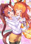  2girls :d absurdres belt blue_eyes blush brown_bow brown_hair closed_eyes eyebrows_visible_through_hair female hair_bow highres holding holding_toy horse_ears horse_girl horse_tail hug long_ponytail mayano_top_gun_(umamusume) open_mouth orange_hair pink_bow pleated_skirt ponytail skirt smile sunny_(20597521) tokai_teio_(umamusume) umamusume yellow_shorts 