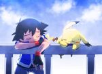  1boy ameiro_pk ash_ketchum black_hair blue_sky child clouds cloudy_sky commentary_request hair_between_eyes holding male_focus morning open_mouth outdoors pikachu pokemon pokemon_(anime) short_hair sky solo standing sweat tired 