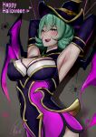  absurdres armpits bangs bewitching_elise black_dress black_headwear black_sleeves blush breasts brown_background bug detached_sleeves dress elise_(league_of_legends) eyebrows_visible_through_hair green_hair halloween highres large_breasts league_of_legends pink_dress pink_wings shiny shiny_hair short_hair signature smile solo spider two-tone_dress two-tone_headwear two-tone_wings upper_body wei_miao wings 