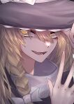  33_gaff black_dress blonde_hair bow braid dress eyebrows_visible_through_hair hair_bow hair_tubes hat hat_bow kirisame_marisa long_hair looking_at_viewer open_mouth side_braid simple_background touhou white_bow witch_hat yellow_eyes 