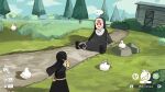  ... 2girls animal banana bird catholic diva_(hyxpk) duck food fruit highres hook-bang_nun_(diva) little_nuns_(diva) multiple_girls nun pokemon pokemon_(game) pokemon_legends:_arceus protagonist_nun_(diva) 