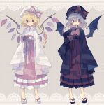  2girls :| alternate_costume arm_at_side arms_at_sides bat_wings black_footwear black_headwear black_kimono blonde_hair blue_hair blush bow closed_mouth commentary crystal eyebrows_visible_through_hair eyes_visible_through_hair flandre_scarlet flower geta hair_between_eyes hand_on_hip hat hat_bow highres japanese_clothes kimono long_hair long_sleeves looking_at_viewer mob_cap multiple_girls nikorashi-ka obi pink_flower pink_rose pointy_ears polka_dot polka_dot_background red_bow red_eyes remilia_scarlet rose sash short_hair siblings side_ponytail simple_background sisters sleeves_past_fingers sleeves_past_wrists smile standing symbol-only_commentary touhou v-shaped_eyebrows white_footwear white_headwear white_kimono wide_sleeves wings 