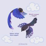  ._. animal animal_focus arrow_(symbol) artist_name beak bird closed_mouth clouds commentary english_commentary english_text flying grey_background magpie no_humans original pikaole simple_background watermark 