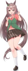  1girl absurdres animal_ears bangs black_footwear black_skirt brown_eyes brown_hair full_body hair_between_eyes highres horse_ears horse_girl horse_tail kntrs_(knyrs) long_hair midriff_peek navel open_mouth orange_shirt pleated_skirt satono_diamond_(umamusume) shirt simple_background skirt smile socks solo standing tail teeth umamusume upper_teeth watch watch white_background white_legwear 