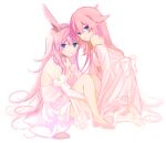  2girls absurdres animal_ears bangs closed_mouth company_connection crossover dress fox_ears full_body genshin_impact highres honkai_(series) honkai_impact_3rd long_hair looking_at_viewer mihoyo_technology_(shanghai)_co._ltd. multiple_girls pink_dress pink_hair pink_sleeves sakura_ayane simple_background sketch strapless strapless_dress trait_connection tsuzuki908 violet_eyes voice_actor_connection white_background yae_miko yae_sakura 