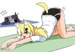  1girl animal_ears ass bare_legs barefoot blonde_hair blue_eyes capoki cat_ears cat_tail dinergate_(girls&#039;_frontline) exercise fang flying_sweatdrops foot_out_of_frame girls_frontline hair_ornament hairclip idw_(girls&#039;_frontline) looking_at_viewer medium_hair one_eye_closed open_mouth shirt short_sleeves shorts simple_background solo stretch tail top-down_bottom-up twintails white_background white_shirt yoga_mat 