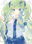  1girl :&lt; arm_at_side bangs bare_shoulders blue_skirt blunt_bangs blush breasts closed_mouth collared_shirt commentary detached_sleeves eyebrows_visible_through_hair frog_hair_ornament green_eyes hair_ornament hair_ribbon hair_tubes hand_up highres kochiya_sanae large_breasts long_hair long_sleeves looking_at_viewer nikorashi-ka one-hour_drawing_challenge playing_with_own_hair ribbon shirt short_twintails simple_background single_sidelock skirt sleeveless sleeveless_shirt snake snake_hair_ornament solo touhou twintails upper_body white_background white_shirt wide_sleeves 