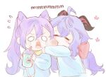  2girls biting blue_hair blue_shirt bow braid chibi closed_eyes commentary crying cup drinking_straw english_commentary ganyu_(genshin_impact) genshin_impact hair_cones holding holding_cup horns keqing_(genshin_impact) kindergarten_uniform long_hair multiple_girls o_o purple_hair red_bow shibaxxu shirt twintails upper_body very_long_hair white_background younger 