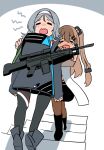  2girls =_= boots capoki crying daewoo_k3 girls_frontline gun hair_ornament hairband hairclip highres human_shield k2_(girls&#039;_frontline) k3_(girls&#039;_frontline) long_hair multiple_girls one_side_up pushing shoes stairs tears walking wavy_mouth weapon 