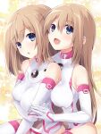  2girls :d alternate_breast_size arm_under_breasts bare_shoulders between_breasts blue_eyes blush boots breast_rest breasts brown_hair commentary_request elbow_gloves gloves hair_between_eyes happy holding_hands hug hug_from_behind iwashi_dorobou_-r- leotard long_hair looking_at_viewer medium_breasts medium_hair multiple_girls neptune_(series) open_mouth ram_(neptune_series) rom_(neptune_series) siblings sisters skin_tight skindentation smile thigh-highs thigh_boots twins very_long_hair white_gloves white_leotard white_sister_ram white_sister_rom 