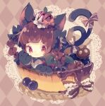  1girl :3 animal_ear_fluff animal_ears animal_hands argyle argyle_background bangs black_bow black_bowtie blueberry blunt_bangs bow bowtie braid brown_background cat_ears cat_tail chibi claws closed_mouth dress eyebrows_visible_through_hair food frills fruit gloves green_dress hair_bow hair_ribbon in_basket kaenbyou_rin long_hair looking_at_viewer multiple_tails nekomata nikorashi-ka paw_gloves red_bow red_eyes redhead ribbon simple_background solo tail tail_bow tail_ornament touhou tress_ribbon twin_braids twintails two_tails 