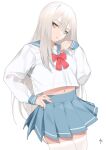  1girl bangs blue_skirt bow bowtie closed_mouth commentary cowboy_shot eyelashes grey_eyes grey_hair hair_between_eyes hand_on_hip hand_up highres hyouuma legs_together long_hair looking_at_viewer midriff navel pleated_skirt red_bow sailor_collar school_uniform signature simple_background skin_tight skirt solo standing thigh-highs very_long_hair white_background white_legwear white_serafuku white_theme zettai_ryouiki 