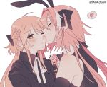  1boy 1girl astolfo_(fate) blonde_hair blush braid fang fate/apocrypha fate/grand_order fate_(series) kiss kissing_cheek koyashaka long_hair looking_to_the_side original otoko_no_ko pale_skin pink_hair violet_eyes yellow_eyes 