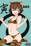  1girl 2022 animal_print artist_name bangs bikini boots breasts brown_eyes brown_hair chinese_zodiac claw_pose commentary eyebrows_visible_through_hair fang freckles girls_und_panzer hachi8882525 half-closed_eye halterneck highres looking_at_viewer navel one_eye_closed open_mouth print_bikini print_footwear short_hair signature sitting small_breasts smile solo swimsuit thigh-highs thigh_boots tiger_print tsuchiya_(girls_und_panzer) year_of_the_tiger yellow_bikini yellow_footwear 