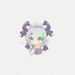  1girl blue_hair bsapricot_(vtuber) chibi green_background green_hair grey_camisole grey_sweater horns me_o_wy multicolored_hair multiple_horns off_shoulder pointy_ears short_hair socks solo streaked_hair sweater tiara violet_eyes virtual_youtuber vshojo 