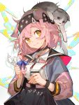  1girl animal_ears animal_on_head arknights black_bow black_choker black_hairband black_skirt bow cat cat_ears cat_girl cat_on_head choker clay_(clayjun) closed_mouth goldenglow_(arknights) hair_bow hairband highres holding holding_scissors id_card lanyard lightning_bolt_print on_head scissors short_hair skirt solo yellow_eyes 