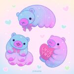  ._. animal animal_focus artist_name bow bowtie closed_mouth commentary english_commentary english_text heart holding looking_at_viewer no_humans open_mouth original pikaole pink_background pink_bow pink_bowtie simple_background sparkle tardigrade watermark 