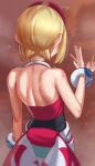  armband back blonde_hair dripping from_behind hot irida_(pokemon) nape red_background red_shirt short_hair simple_background sweat waving 