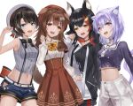  4girls :d animal_ears black_hair black_panties brown_hair cat_ears cat_tail commentary cowboy_shot dog_ears dog_girl dog_tail english_commentary highres hololive inugami_korone karanashi_noma looking_at_viewer multiple_girls nekomata_okayu ookami_mio oozora_subaru open_mouth panties panty_peek purple_hair simple_background smile suspenders tail teeth underwear upper_teeth virtual_youtuber white_background wolf_ears 