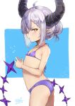 1girl absurdres ahoge ass bikini braid breasts demon_girl demon_horns demon_tail from_side hair_bun highres hololive horns la+_darknesss long_hair looking_at_viewer own_hands_together panbai pointy_ears purple_bikini sideways_glance silver_hair small_breasts solo swimsuit tail thighs virtual_youtuber yellow_eyes 
