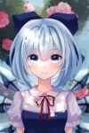  1girl absurdres blue_bow blue_eyes blue_hair blurry blurry_background bow breasts cirno cirno_day collared_shirt dress fairy hair_bow hair_ribbon highres ice ice_wings looking_at_viewer portrait puffy_sleeves red_ribbon ribbon rie_inthanin shirt short_hair short_sleeves small_breasts smile solo touhou wings 