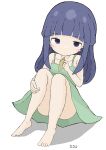 1girl absurdres artist_name bangs bare_arms bare_shoulders barefoot blunt_bangs blush_stickers closed_mouth commentary_request dress eyebrows_visible_through_hair full_body furude_rika green_dress highres higurashi_no_naku_koro_ni holding knees_up long_hair looking_at_viewer purple_hair rururu_(pyrk8855) shadow signature sleeveless sleeveless_dress solo sundress violet_eyes white_background 