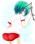  1girl ^^^ alternate_costume antennae ass bangs blush buruma commentary_request cowboy_shot green_eyes green_hair gym_uniform looking_at_viewer looking_back mofupaka open_mouth red_buruma shirt short_hair short_sleeves solo touhou white_shirt wriggle_nightbug 