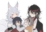  2boys 2girls ^_^ anger_vein animal_ears bangs black_hair black_hairband black_kimono blue_eyes brown_hair closed_eyes collared_shirt eyebrows_visible_through_hair fang fox_ears fox_girl green_eyes grey_hair hair_behind_ear hairband highres holding_person hood hoodie jacket japanese_clothes kimono kuma_(kuma54311) mika_melatika multicolored_hair multiple_boys multiple_girls multiple_tails mysta_rias nijisanji nijisanji_en nijisanji_id nina_kosaka off_shoulder open_mouth orange_hoodie red_shirt redhead shirt streaked_hair tail tongue tongue_out v-shaped_eyebrows virtual_youtuber vox_akuma white_background white_jacket younger 