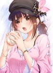  1girl bangs black_headwear bracelet breasts brown_eyes brown_hair commentary_request eating eyebrows_visible_through_hair food hair_between_eyes hands_up hat hat_ornament highres holding holding_food hololive jewelry kamishiro_mai_(capti-no) long_hair long_sleeves looking_at_viewer open_mouth pink_shirt ponytail shirt solo star_(symbol) star_hat_ornament tokino_sora upper_body 
