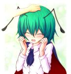  1girl 1other antennae bangs black_cape blush cape closed_eyes collared_shirt commentary_request eyebrows_visible_through_hair flat_chest green_hair headpat mofupaka open_mouth red_cape shirt short_hair smile solo_focus touhou two-sided_cape two-sided_fabric upper_body white_shirt wriggle_nightbug 