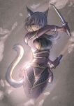  1girl animal_ears artist_name avatar_(ff11) bangs breasts cat_ears cat_girl cat_tail dual_wielding elbow_gloves final_fantasy final_fantasy_xi fishnet_legwear fishnets gloves highres holding holding_sword holding_weapon katana long_hair medium_breasts mithra_(ff11) ninja_(final_fantasy) no_bra panties piyoco red_gloves red_legwear red_panties scorpion_harness sideboob silver_hair solo sword tail thigh-highs underwear weapon white_eyes 