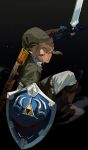  1boy blue_eyes boots hair_between_eyes highres holding link looking_at_viewer male_focus master_sword pisu_1107 pointy_ears shield short_hair solo sword the_legend_of_zelda the_legend_of_zelda:_breath_of_the_wild the_legend_of_zelda:_twilight_princess weapon 