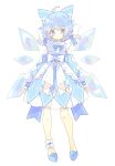  1girl :| adapted_costume ahoge ankle_cuffs arms_at_sides blue_bow blue_bowtie blue_dress blue_eyes blue_footwear blue_ribbon blush bow bowtie cirno closed_mouth collared_dress commentary dress expressionless eyebrows_behind_hair full_body hair_bow hair_ribbon highres ice ice_wings light_blue_hair long_sleeves looking_at_viewer nikorashi-ka ribbon shoes short_hair simple_background sleeve_cuffs solo standing touhou waist_bow white_background white_ribbon wings 