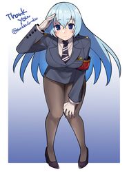  1girl blue_eyes blue_hair do_m_kaeru formal original police police_uniform policewoman salute smile suit uniform 