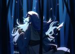  1boy absurdres arlcn blue_eyes blue_theme floating_hair from_behind highres long_sleeves looking_at_viewer looking_back profile robe signature solo sword the_legend_of_luo_xiaohei weapon wide_sleeves wuxian_(the_legend_of_luoxiaohei) 