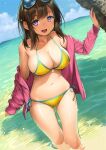  1girl :d aqua_ribbon bangs bare_shoulders bikini blue_sky breasts brown_hair collarbone commentary_request eyebrows_visible_through_hair eyewear_on_head horizon jacket large_breasts long_hair long_sleeves looking_at_viewer navel ocean off_shoulder open_clothes open_jacket open_mouth original pink_jacket ribbon side-tie_bikini sky sleeves_past_wrists smile solo stomach sunglasses sunlight swimsuit thighs twinpoo unzipped violet_eyes wading water wet yellow_bikini 