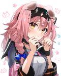  1girl absurdres animal_ears arknights bangs black_hairband blue_bow blush bow braid brown_eyes cat_ears eyebrows_visible_through_hair flying_sweatdrops goldenglow_(arknights) hair_bow hairband hands_up heart highres jacket lightning_bolt_print long_hair long_sleeves looking_at_viewer multicolored_clothes multicolored_jacket open_clothes open_jacket parted_lips pink_hair raw_egg_lent shirt side_braid solo two-tone_jacket white_background white_shirt wristband 