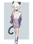  1boy absurdres animal_ears black_choker blue_tongue border candy cat_boy cat_ears cat_tail choker colored_tongue food green_eyes grey_background grey_shorts highres holding holding_candy holding_food jacket lollipop luoxiaohei print_shirt purple_jacket shirt shoes short_hair shorts socks solatky solo tail the_legend_of_luo_xiaohei white_border white_hair white_legwear white_shirt 