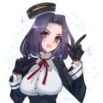  1girl black_dress black_gloves breasts dress gloves hair_intakes index_finger_raised kantai_collection large_breasts looking_at_viewer mechanical_halo mizoredama1 one-hour_drawing_challenge purple_hair short_hair smile solo tatsuta_(kancolle) upper_body violet_eyes white_background 