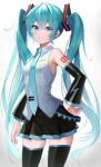  1girl :3 armpits bare_shoulders bib_(bibboss39) black_legwear black_skirt blue_eyes blue_hair breasts closed_mouth collared_shirt commentary contrapposto cowboy_shot detached_sleeves hair_ornament hand_on_hip hatsune_miku highres long_hair long_sleeves looking_at_viewer miniskirt nail_polish necktie pleated_skirt shirt shoulder_tattoo sidelocks simple_background skirt small_breasts smile solo standing tattoo thigh-highs twintails very_long_hair vocaloid white_background white_shirt zettai_ryouiki 