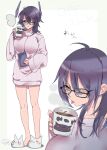  1girl alternate_costume bespectacled black-framed_eyewear breasts brown_eyes coffee coffee_mug cup eyebrows_visible_through_hair full_body glasses highres holding holding_cup jewelry kantai_collection large_breasts long_sleeves looking_at_viewer looking_away mizoredama1 mug one_eye_closed purple_hair rectangular_eyewear ribbed_sweater ring scar scar_across_eye short_hair slippers solo sweater tenryuu_(kancolle) tongue tongue_out white_sweater 