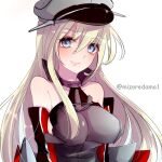  1girl bismarck_(kancolle) blonde_hair blue_eyes blush closed_mouth collarbone eyebrows_visible_through_hair kantai_collection lips long_hair looking_at_viewer mizoredama1 smile solo twitter_username upper_body 