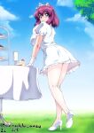  1girl blue_eyes blue_sky clouds crown dress full_body gloves henrietta_de_tristain high_heels medium_hair nafta outdoors purple_hair short_dress short_sleeves sky solo standing table tree white_dress white_footwear white_gloves zero_no_tsukaima 