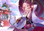  1girl absurdres blue_sky breasts bugegehaibugouse cherry_blossoms day fox genshin_impact highres holding holding_umbrella japanese_clothes long_hair looking_at_viewer miko petals pink_hair scenery shrine sideboob sky smile solo stairs statue tree umbrella violet_eyes yae_miko 