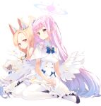  2girls angel_wings animal_ear_fluff animal_ears arikawa_satoru bangs black_footwear blonde_hair blue_archive blue_bow blue_ribbon bow bowtie capelet crescent dress eyebrows_visible_through_hair feathered_wings flower fox_ears frilled_skirt frills full_body hair_bun hair_flower hair_ornament halo highres light_blush long_hair looking_ahead mika_(blue_archive) multiple_girls on_floor orange_bow pink_hair ribbon seia_(blue_archive) simple_background sitting skirt sleeves_past_fingers sleeves_past_wrists smile very_long_hair white_background white_dress white_legwear wings yellow_eyes yokozuwari 