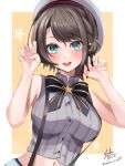  1girl :d bangs bare_arms bare_shoulders black_bow black_bowtie blue_eyes blush bow bowtie braid brown_hair claw_pose dated french_braid grey_headwear hair_ornament hairclip hat highres hololive mochi_rice_(mochi_rice33) oozora_subaru open_mouth pinstripe_pattern pinstripe_shirt sailor_hat shirt short_hair sleeveless sleeveless_shirt smile solo star_(symbol) striped striped_shirt suspenders swept_bangs teeth twitter_username upper_body upper_teeth vertical-striped_shirt vertical_stripes virtual_youtuber 