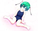  1girl alternate_costume antennae bangs barefoot blue_swimsuit commentary_request dutch_angle flat_chest full_body green_eyes green_hair hair_between_eyes looking_at_viewer mofupaka one-piece_swimsuit open_mouth school_swimsuit short_hair sitting smile solo swimsuit touhou wariza wriggle_day wriggle_nightbug 