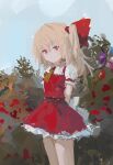  1girl :/ absurdres arms_behind_back ascot blonde_hair blue_sky blush bow bush cowboy_shot day expressionless eyebrows_visible_through_hair flandre_scarlet frills from_side hair_between_eyes hair_bow highres long_hair looking_at_viewer looking_to_the_side miniskirt no_lineart one_side_up outdoors petticoat plant puffy_short_sleeves puffy_sleeves red_bow red_eyes red_skirt red_vest reddizen rose_bush short_sleeves skirt skirt_set sky solo touhou vest yellow_ascot 